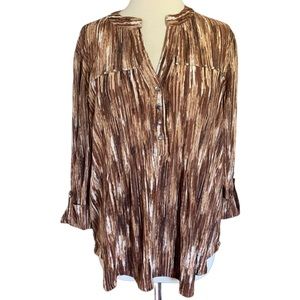 COCOMO XL Brown White 3/4 sleeve women's Pintuck Blouse top shirt